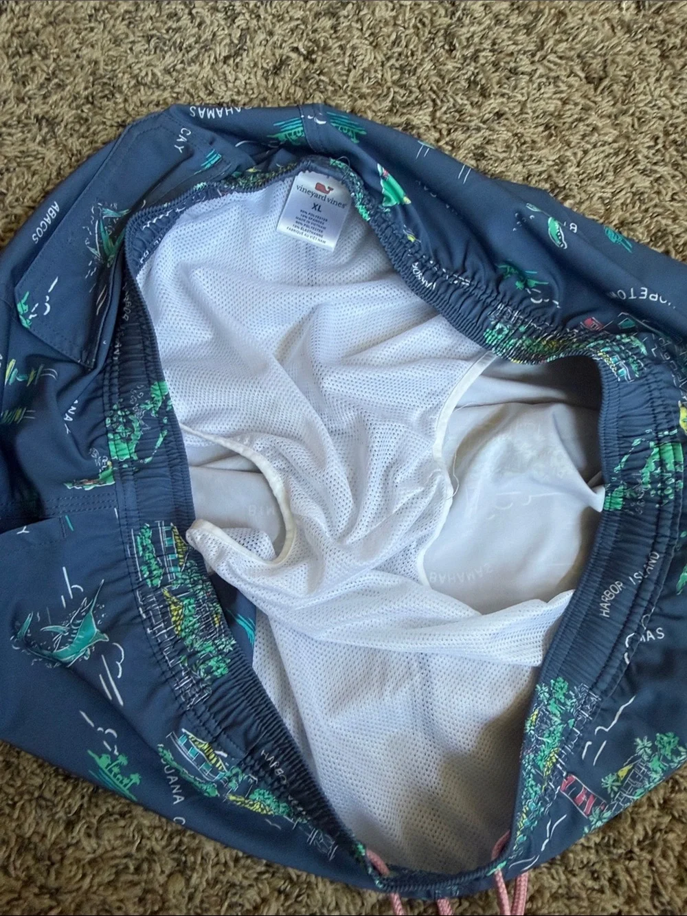 Vineyard Vines Navy Swim Trunks with Aqua Print and Pink Drawstring